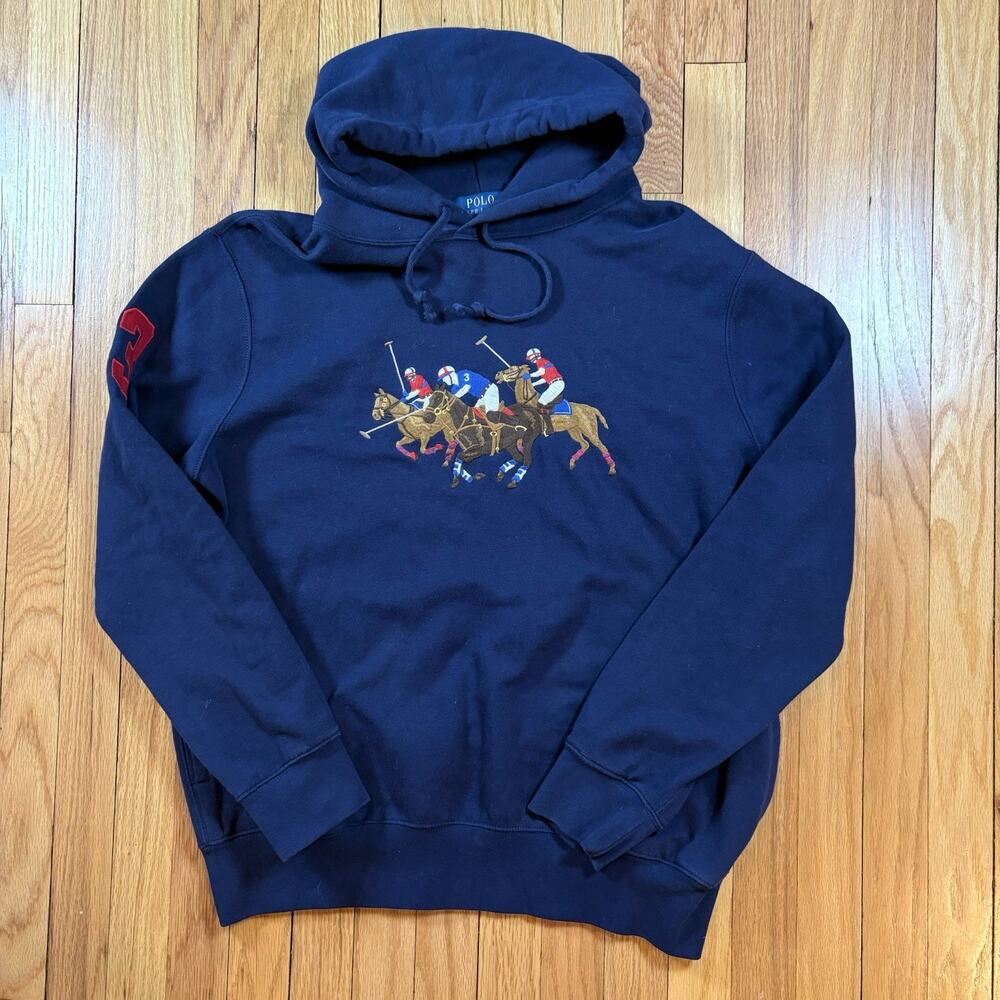 Polo Ralph Lauren Men L Navy Triple Pony Player Fleece Sweatshirt Hoodie Sweater